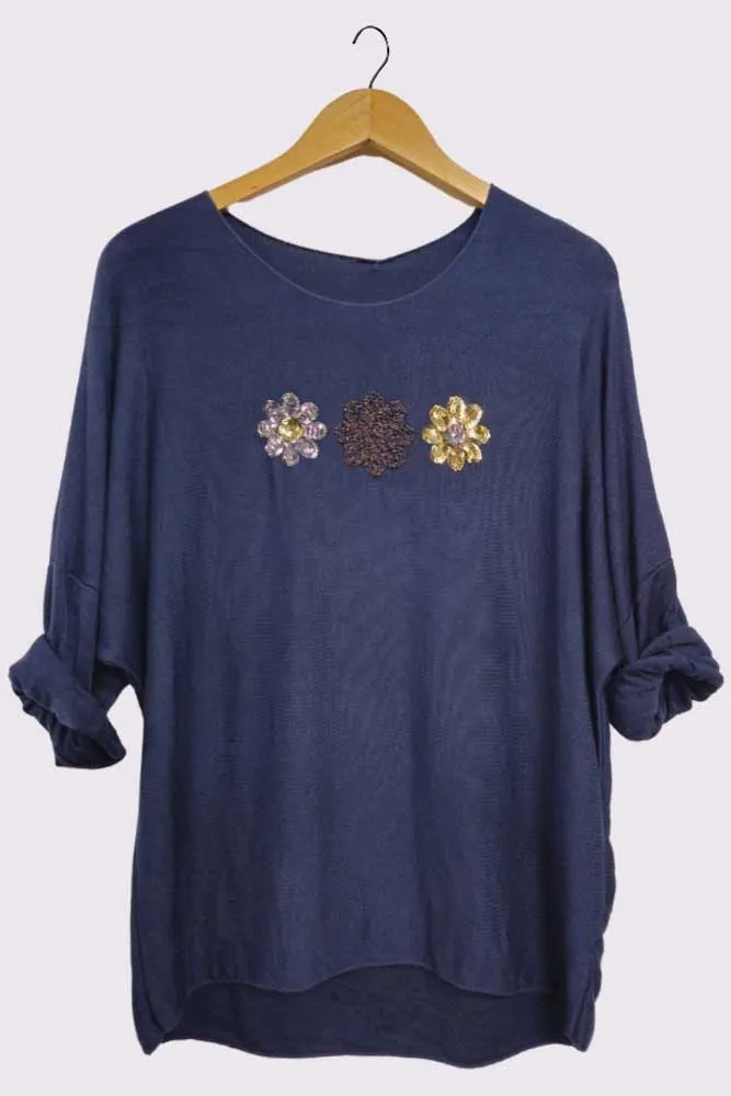 3 Flower Sequin Embroidered Detailing Slight Diphem Top