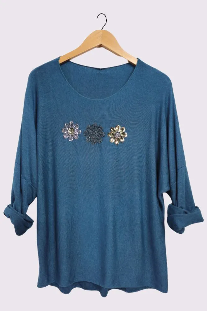 3 Flower Sequin Embroidered Detailing Slight Diphem Top