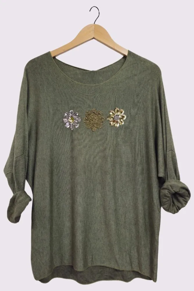 3 Flower Sequin Embroidered Detailing Slight Diphem Top