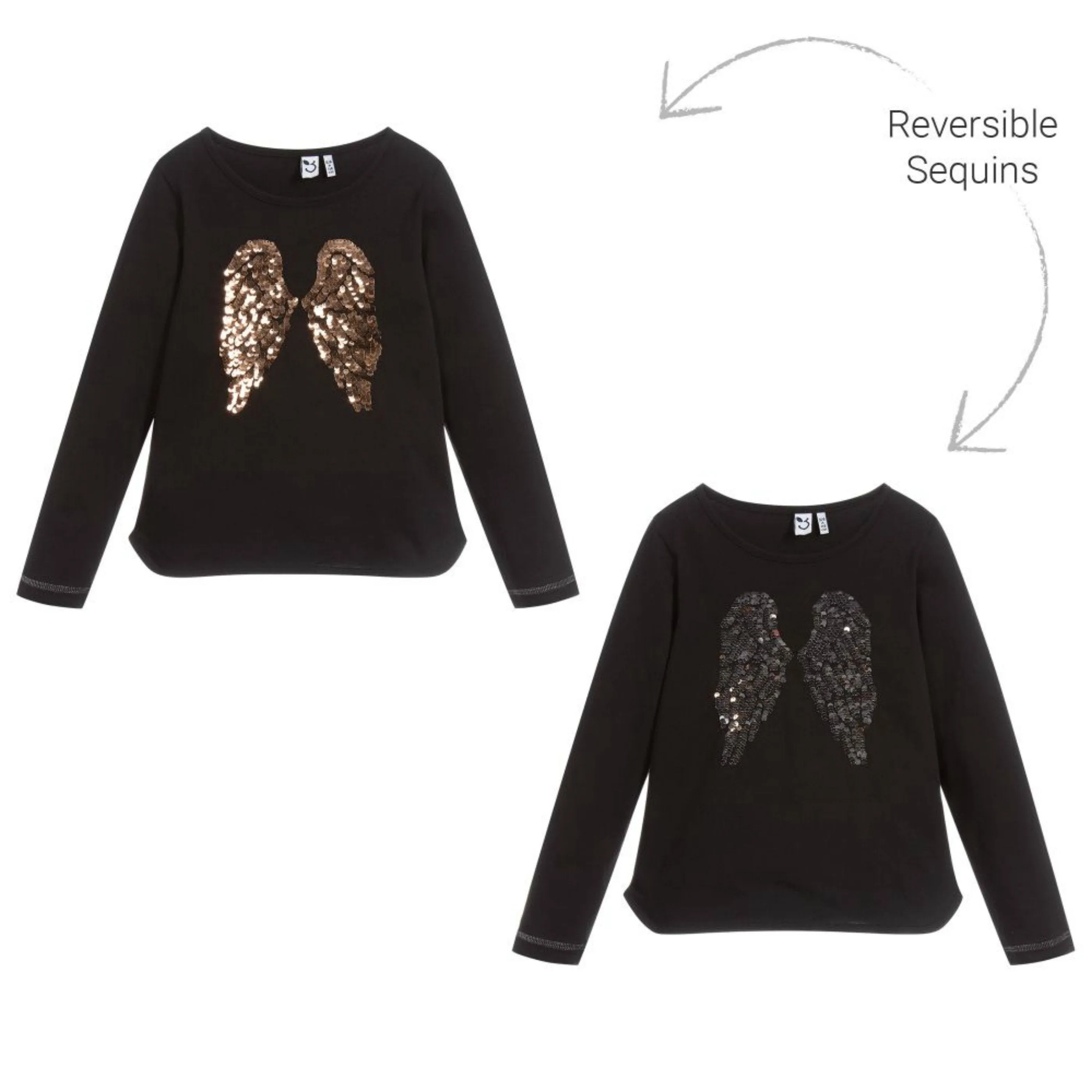 3Pommes Girls Black Sequin Wings Top