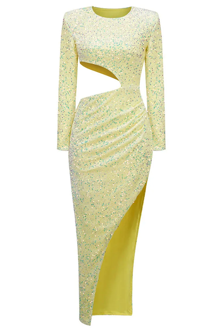 Asymmetrical Split Side Cutout Long Sleeve Velvet Sequin Dress - Yellow