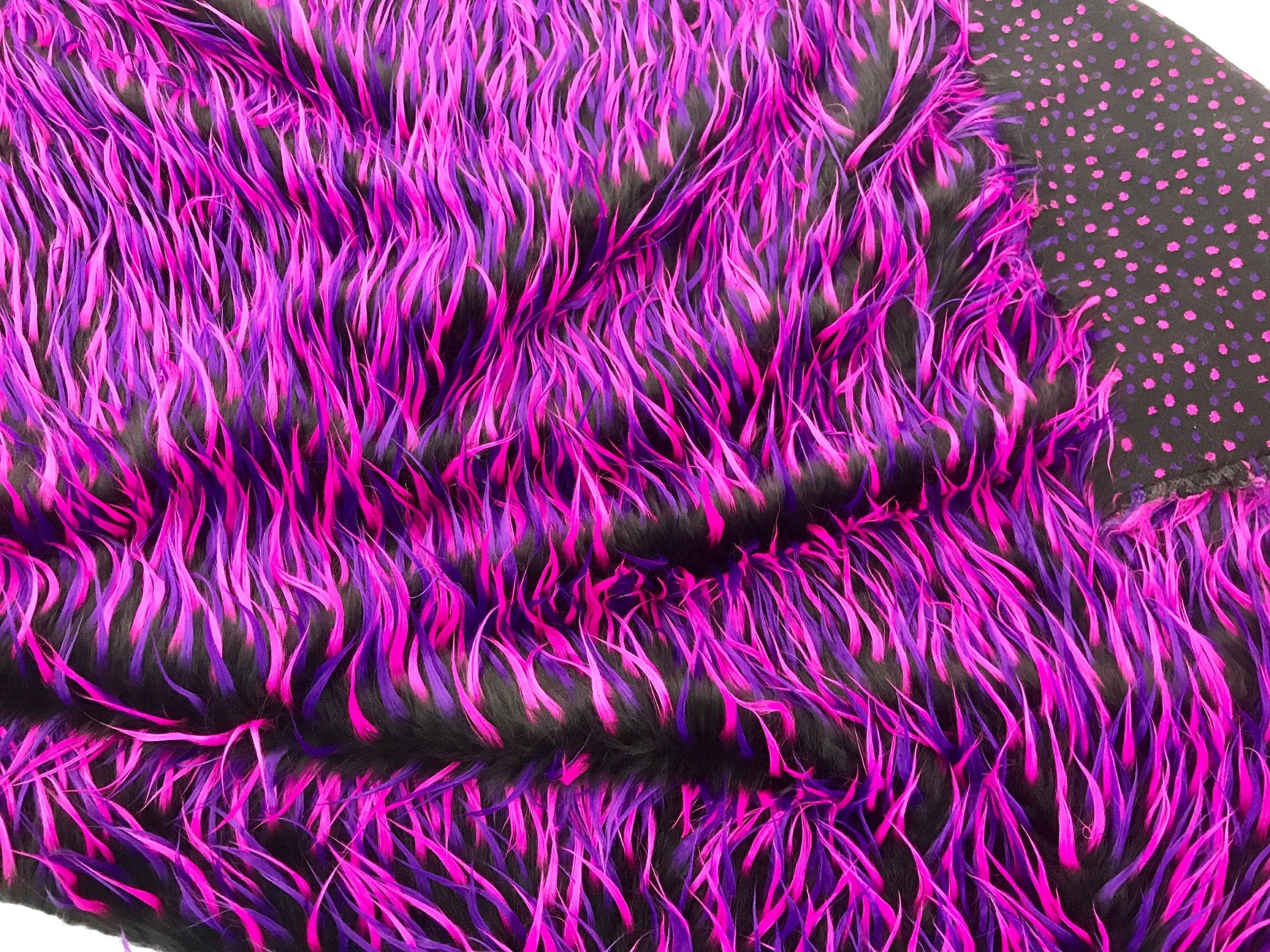 Black 3 tone multi color faux fun fur-fuchsia-purple-shaggy faux fun fur-apparel-fashion-decorations-jackets-upholstery -sold by the yard.