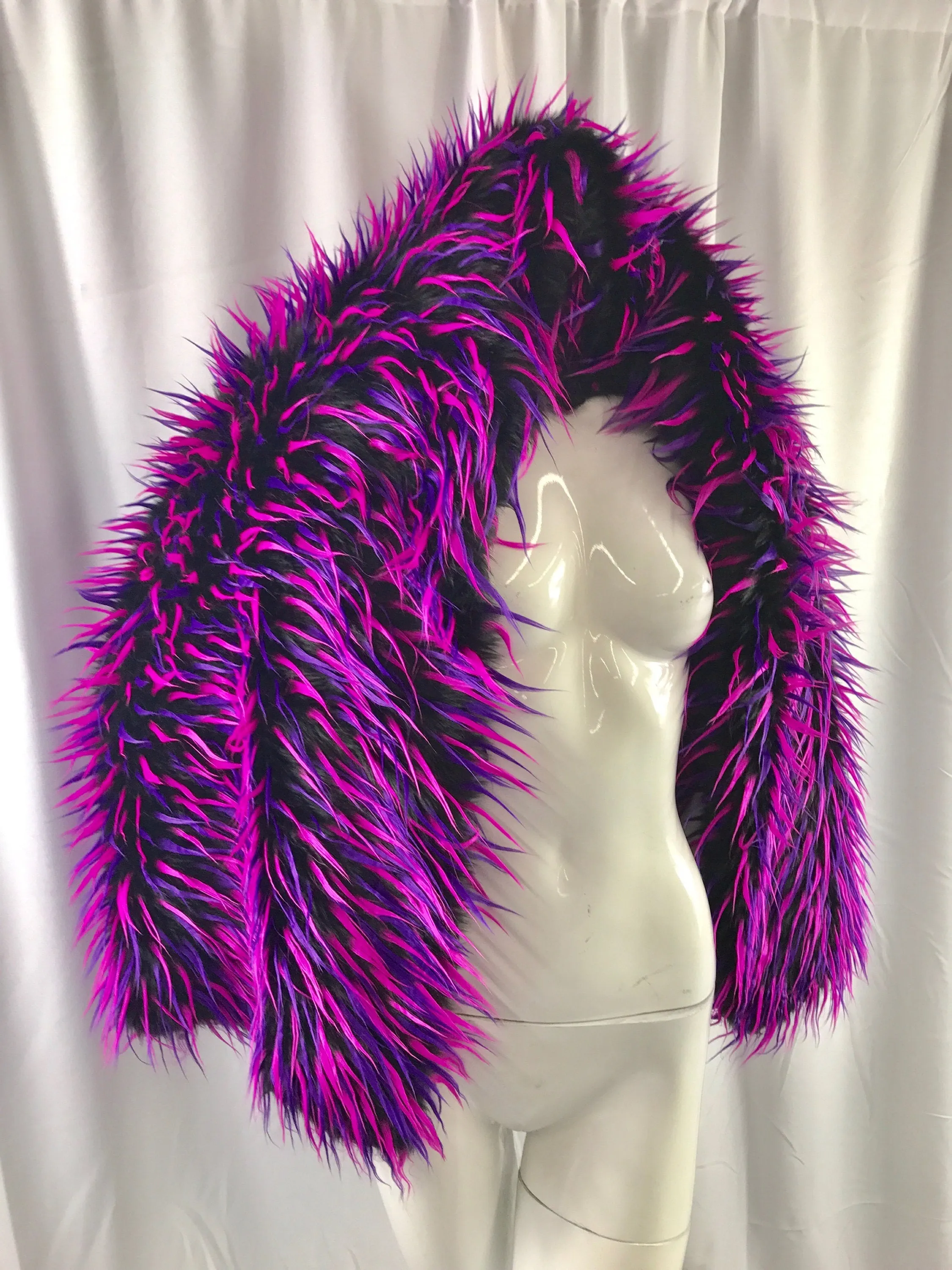 Black 3 tone multi color faux fun fur-fuchsia-purple-shaggy faux fun fur-apparel-fashion-decorations-jackets-upholstery -sold by the yard.