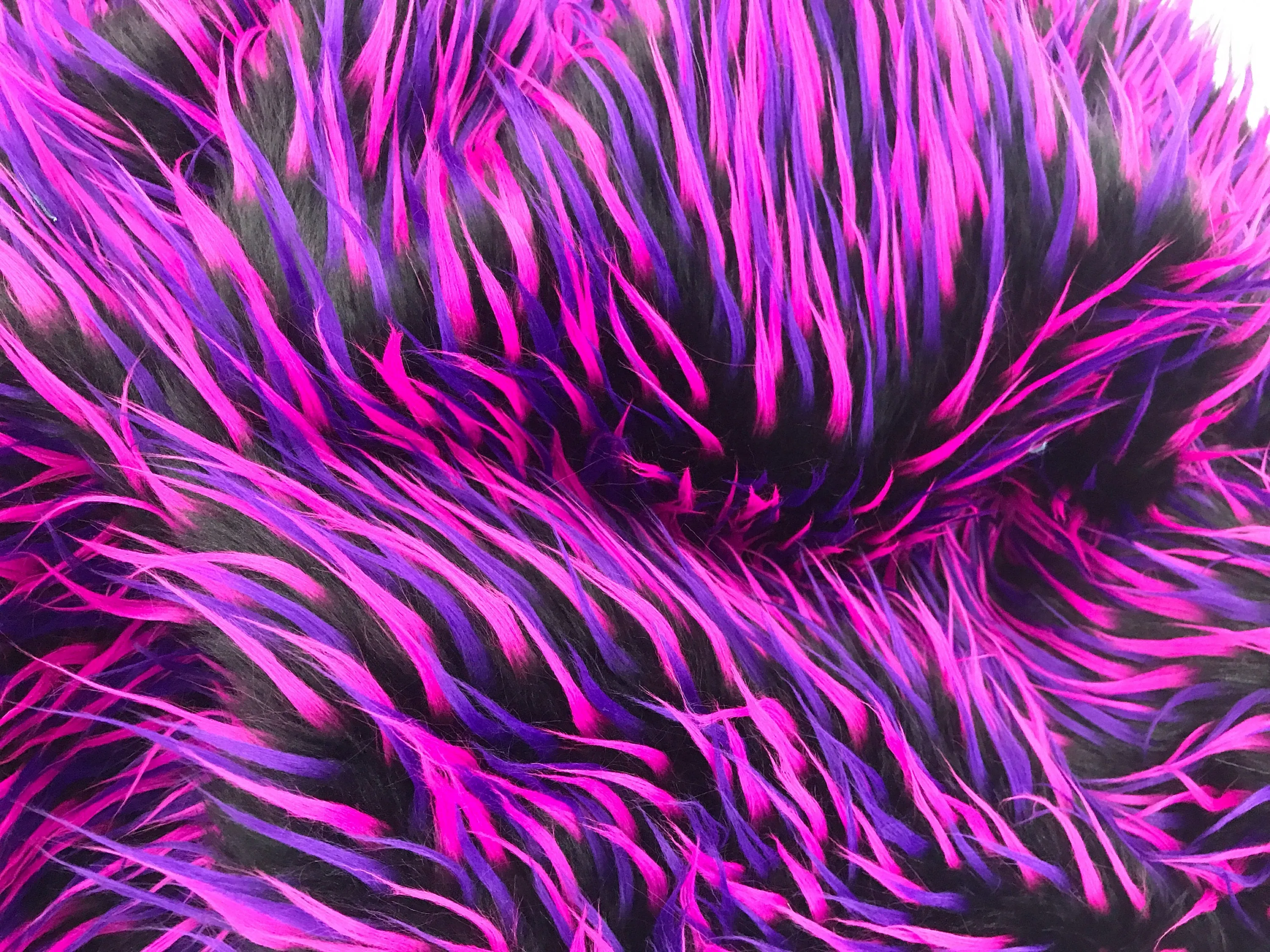 Black 3 tone multi color faux fun fur-fuchsia-purple-shaggy faux fun fur-apparel-fashion-decorations-jackets-upholstery -sold by the yard.