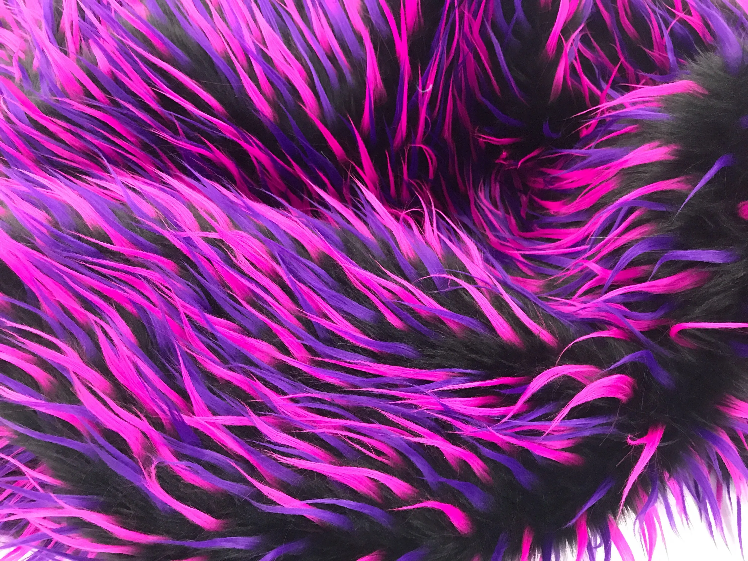 Black 3 tone multi color faux fun fur-fuchsia-purple-shaggy faux fun fur-apparel-fashion-decorations-jackets-upholstery -sold by the yard.