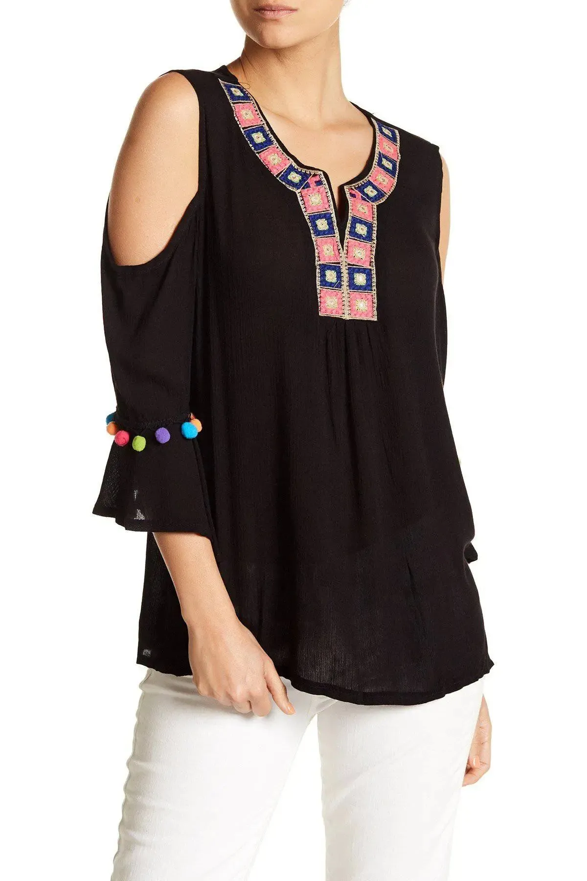 Black Embroidered Cold Shoulder Beach Top with Colorful Pompoms