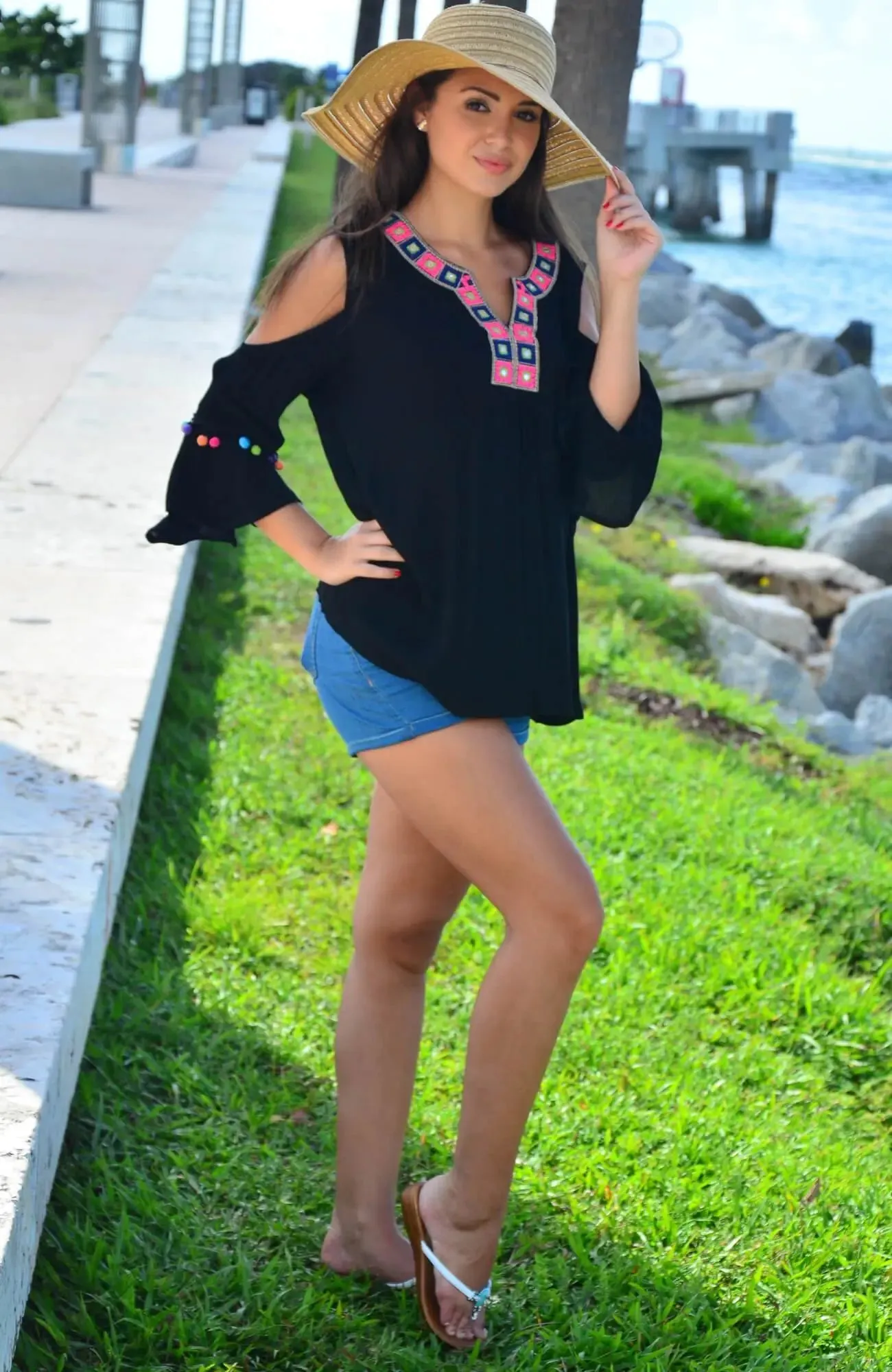 Black Embroidered Cold Shoulder Beach Top with Colorful Pompoms