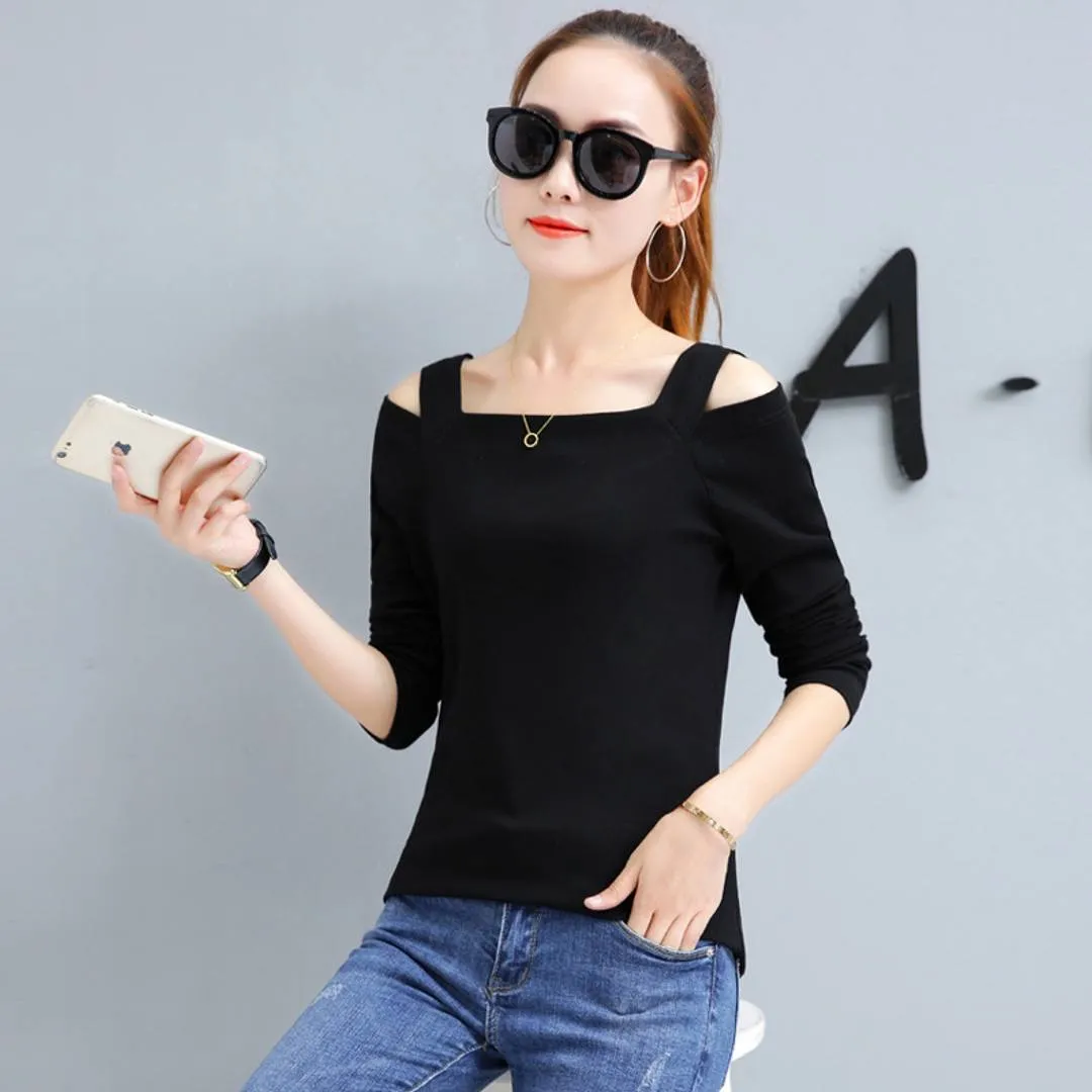 Black Solid Cold Shoulder Top