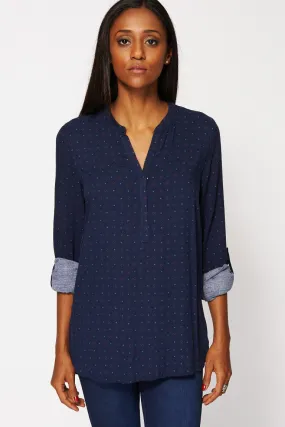 Blue Printed Detail Dipped Hem Top Available in Plus Sizes