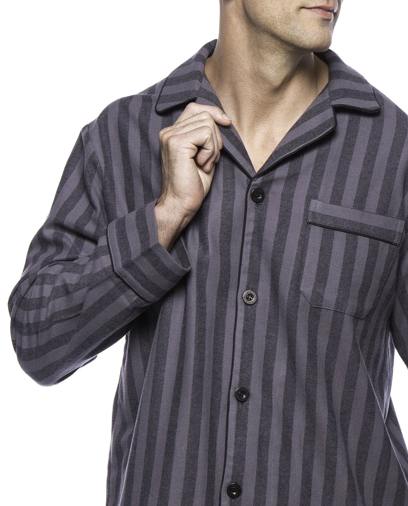 Box Packaged Men's Premium 100% Cotton Flannel Pajama Sleepwear Set - Stripes Black/Grey