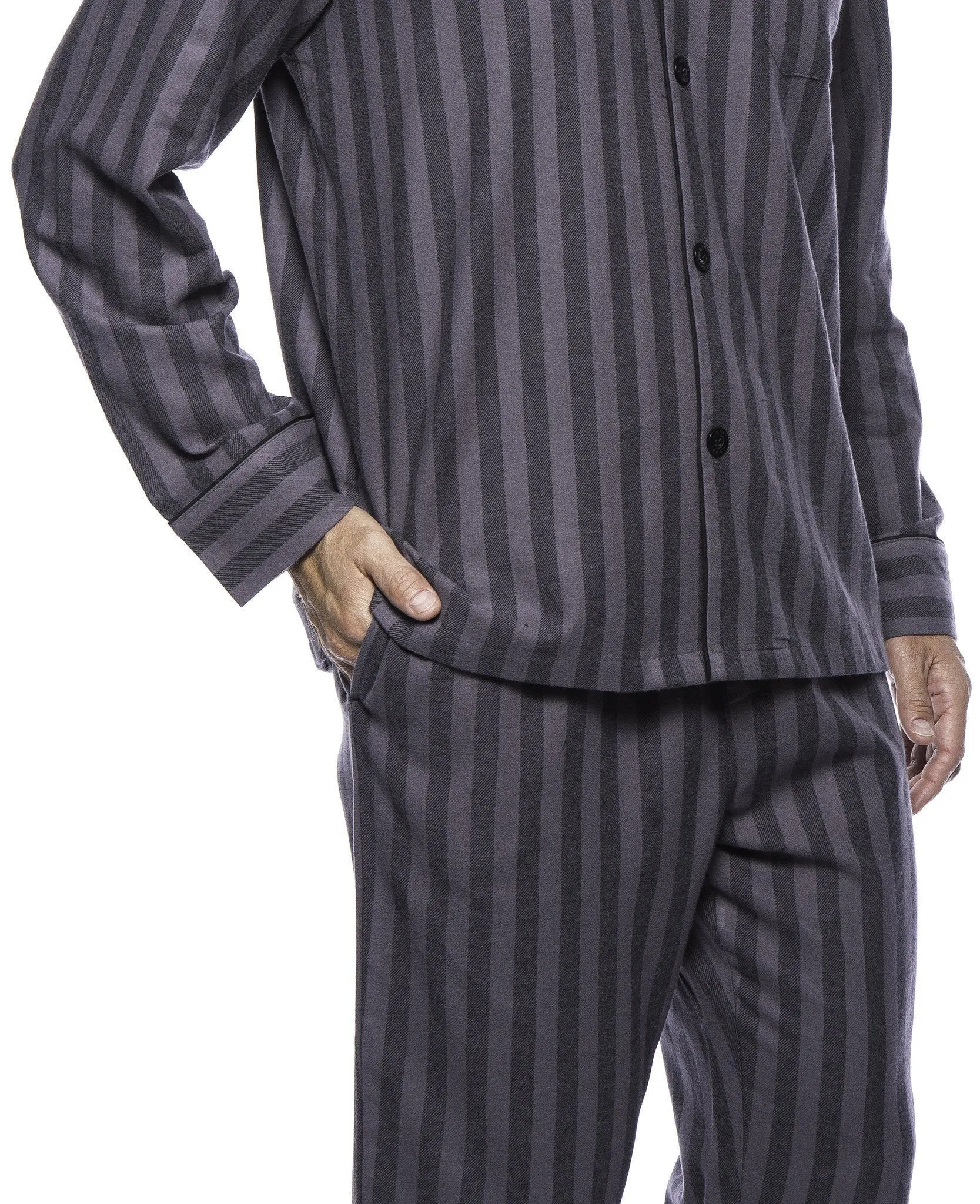 Box Packaged Men's Premium 100% Cotton Flannel Pajama Sleepwear Set - Stripes Black/Grey