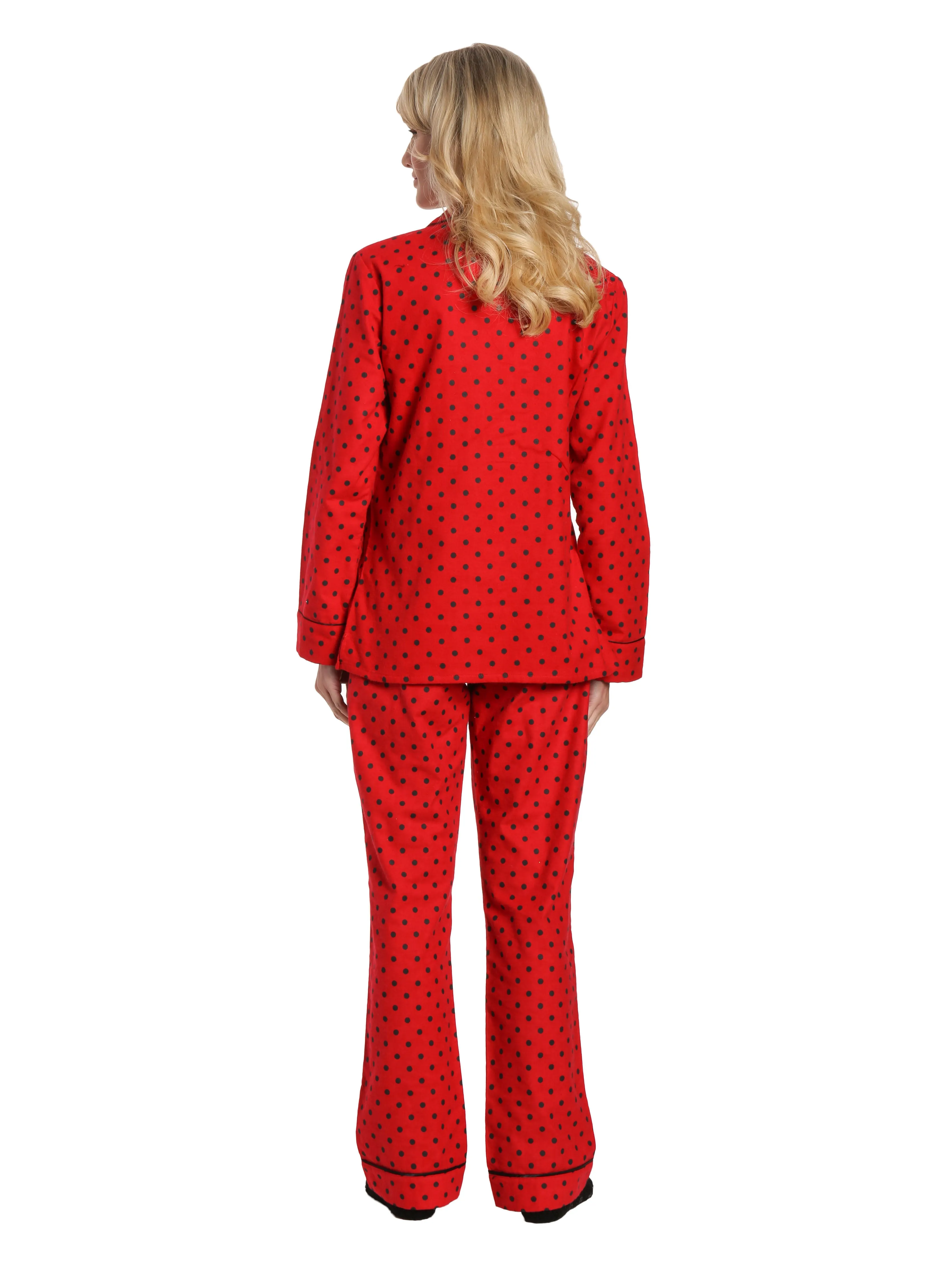 Box Packaged Women's Premium 100% Cotton Flannel Pajama Sleepwear Set - Dots Diva Red-Black