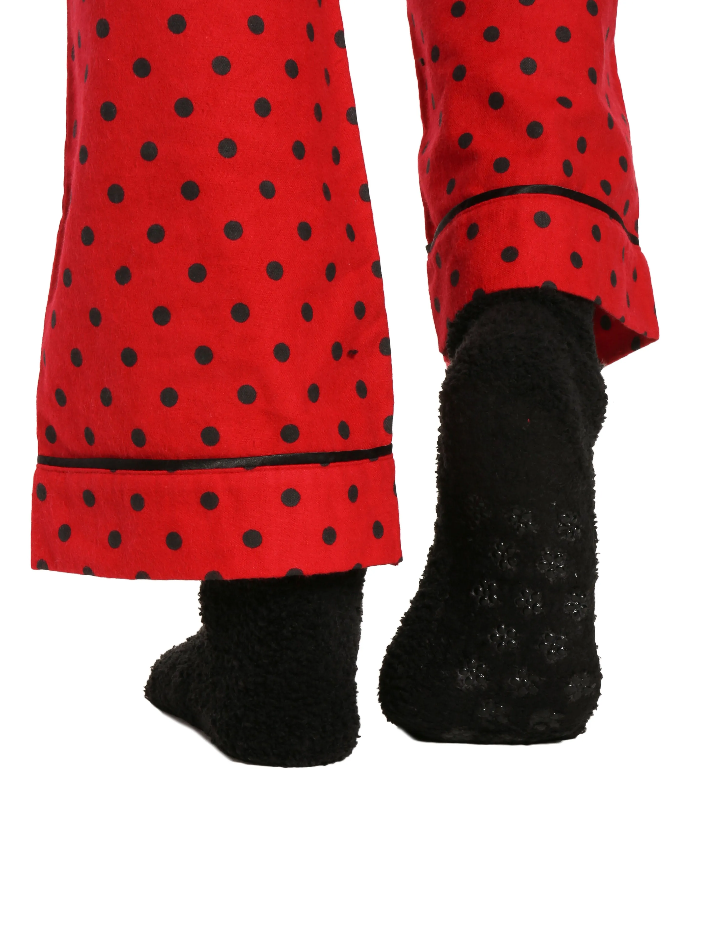 Box Packaged Women's Premium 100% Cotton Flannel Pajama Sleepwear Set - Dots Diva Red-Black