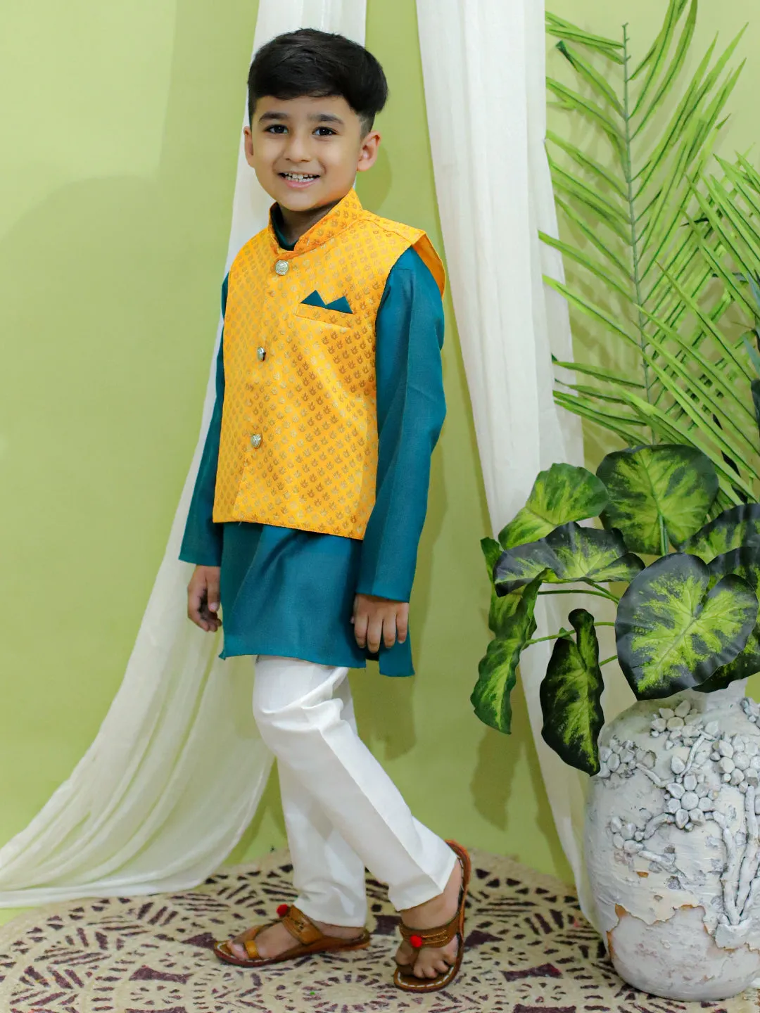 Boy's Yellow Cotton Kurta Sets - Bownbee