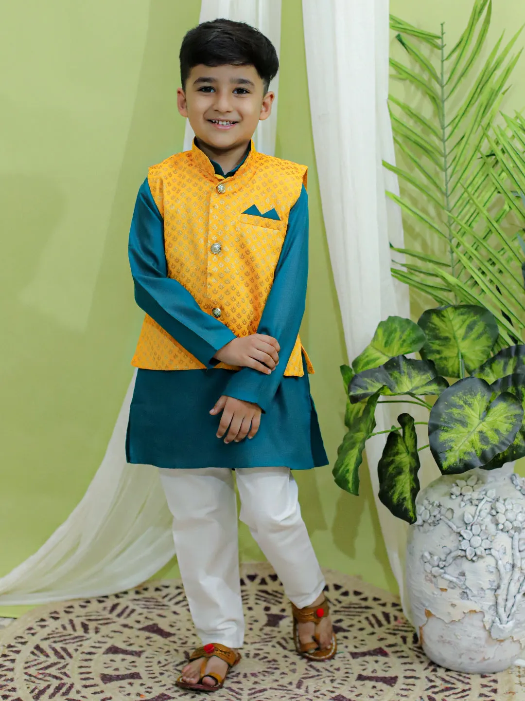 Boy's Yellow Cotton Kurta Sets - Bownbee