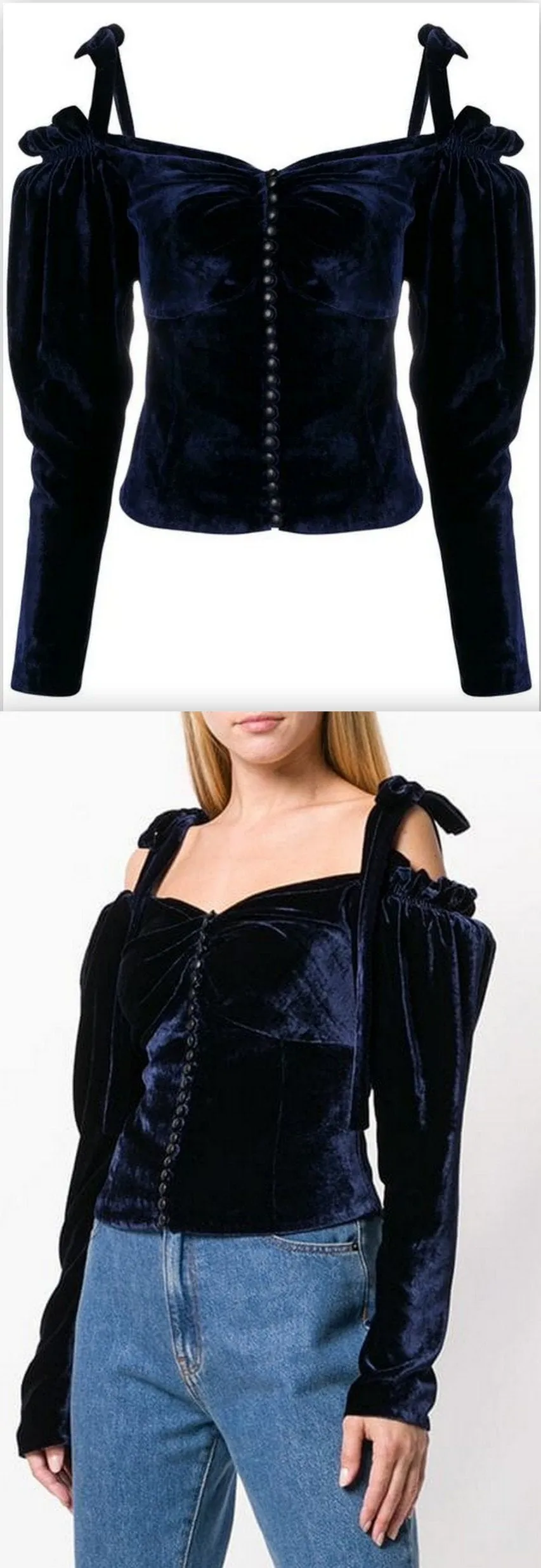 Buttoned Velvet Cold-Shoulder Blouse