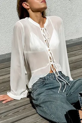 Casual Lace Up See-Through Mandarin Collar Blouses