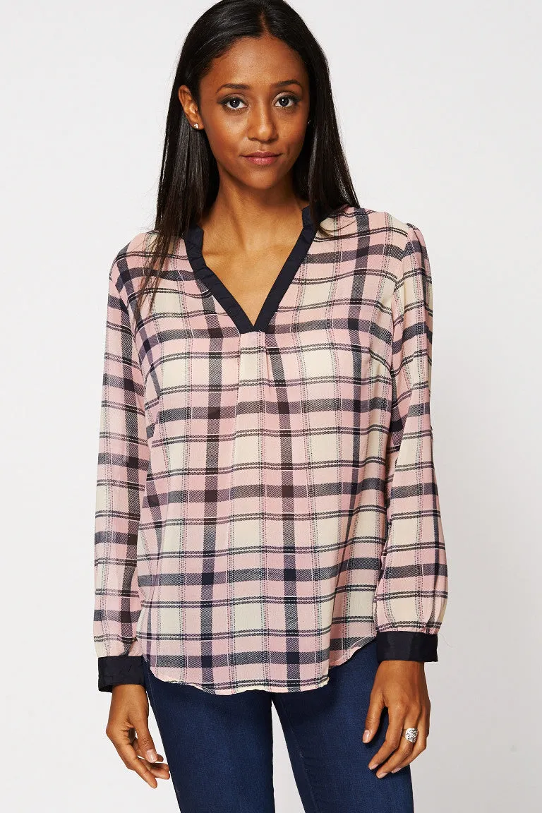 Checked Open Front Mandarin Collar Blouse