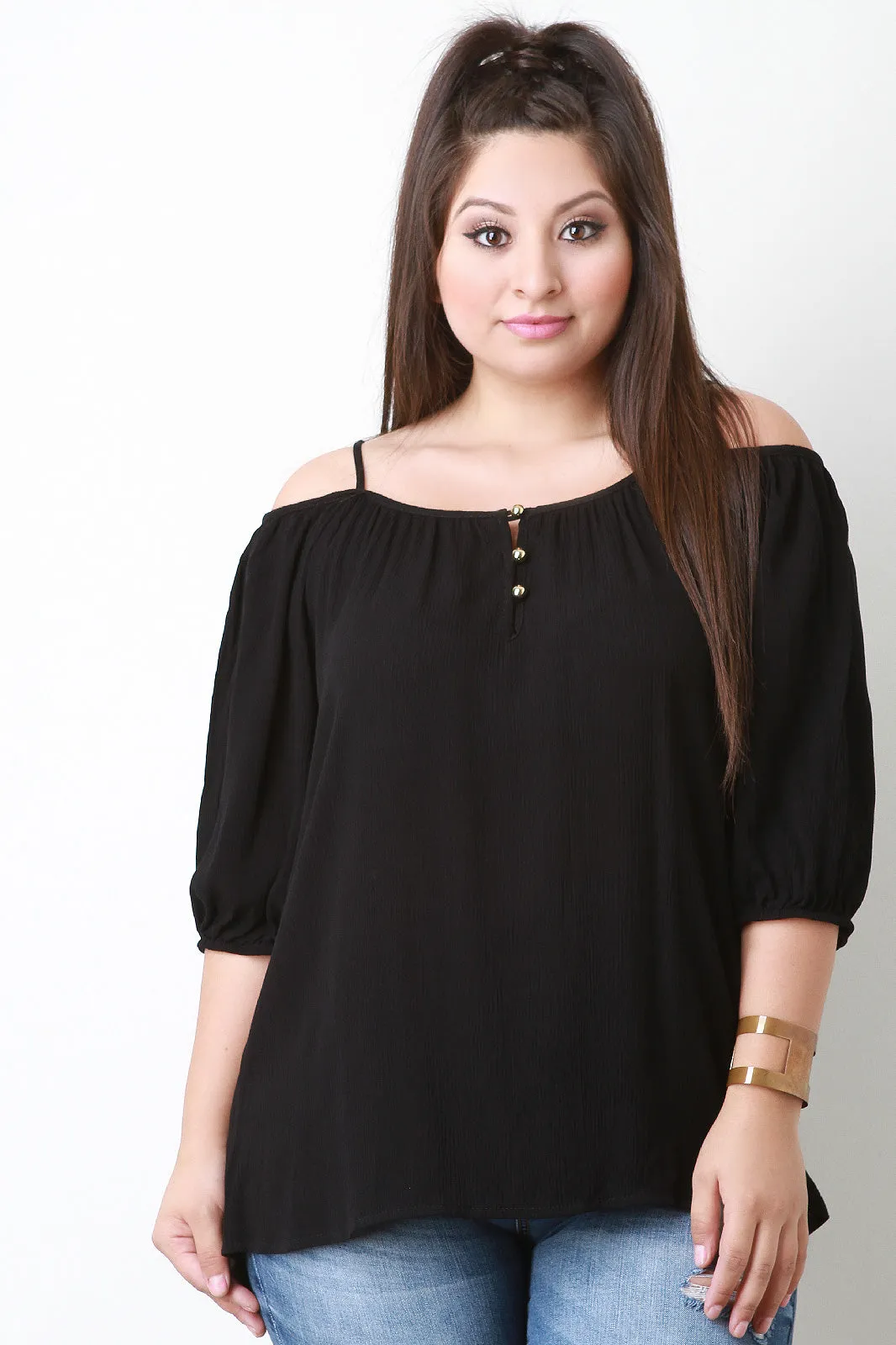 Cold Shoulder Button Detail Peasant Top