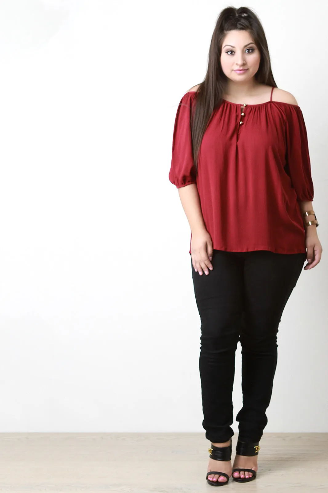 Cold Shoulder Button Detail Peasant Top