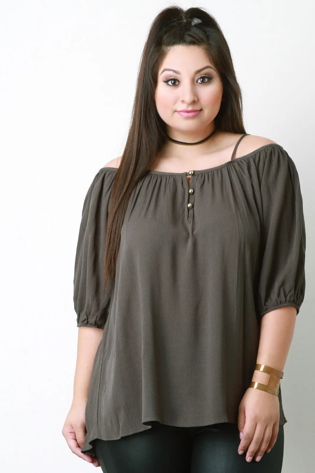 Cold Shoulder Button Detail Peasant Top