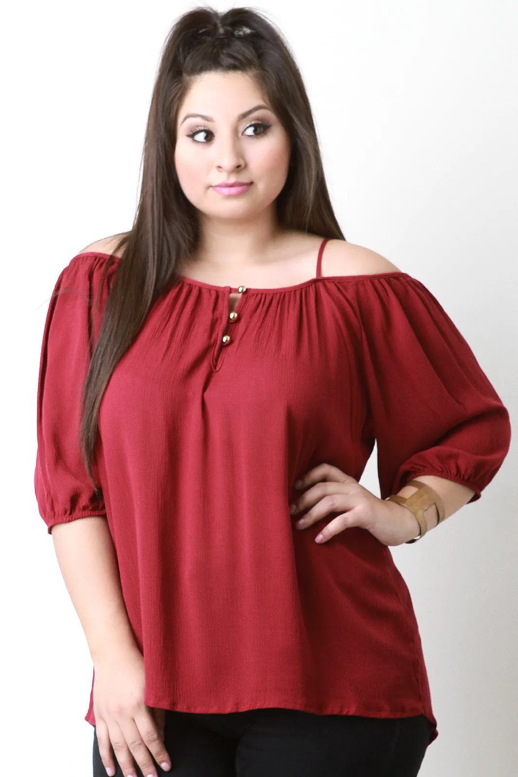 Cold Shoulder Button Detail Peasant Top