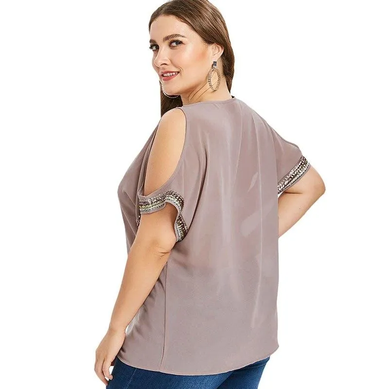 Cold Shoulder Chiffon Sequin Blouse