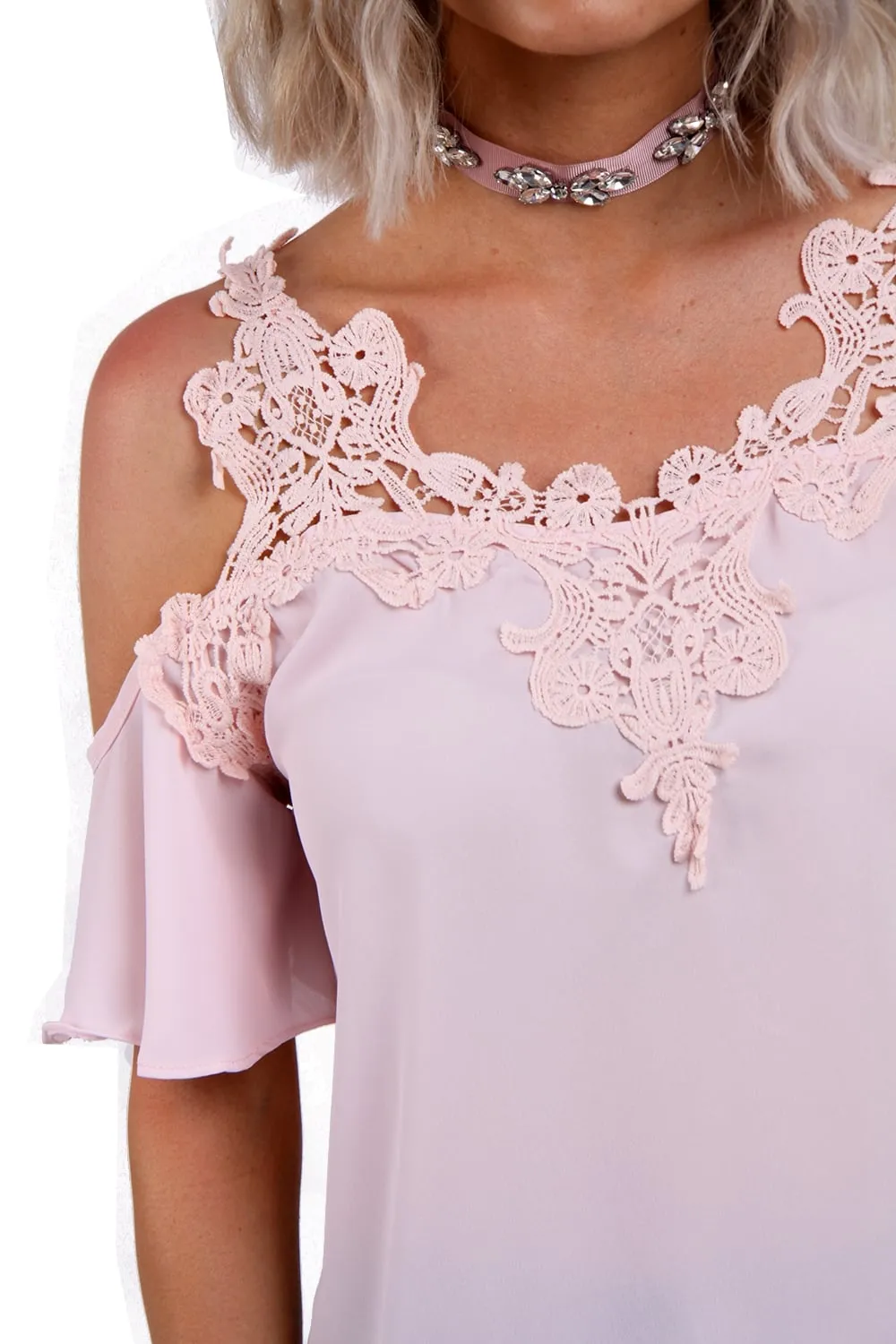 Cold Shoulder Frill Lace Applique Blouse Top