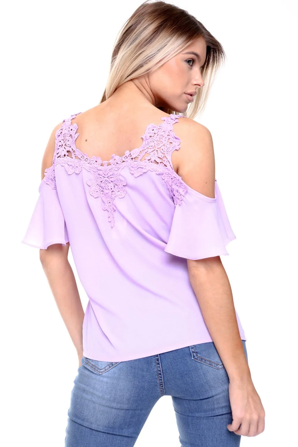 Cold Shoulder Frill Lace Applique Blouse Top