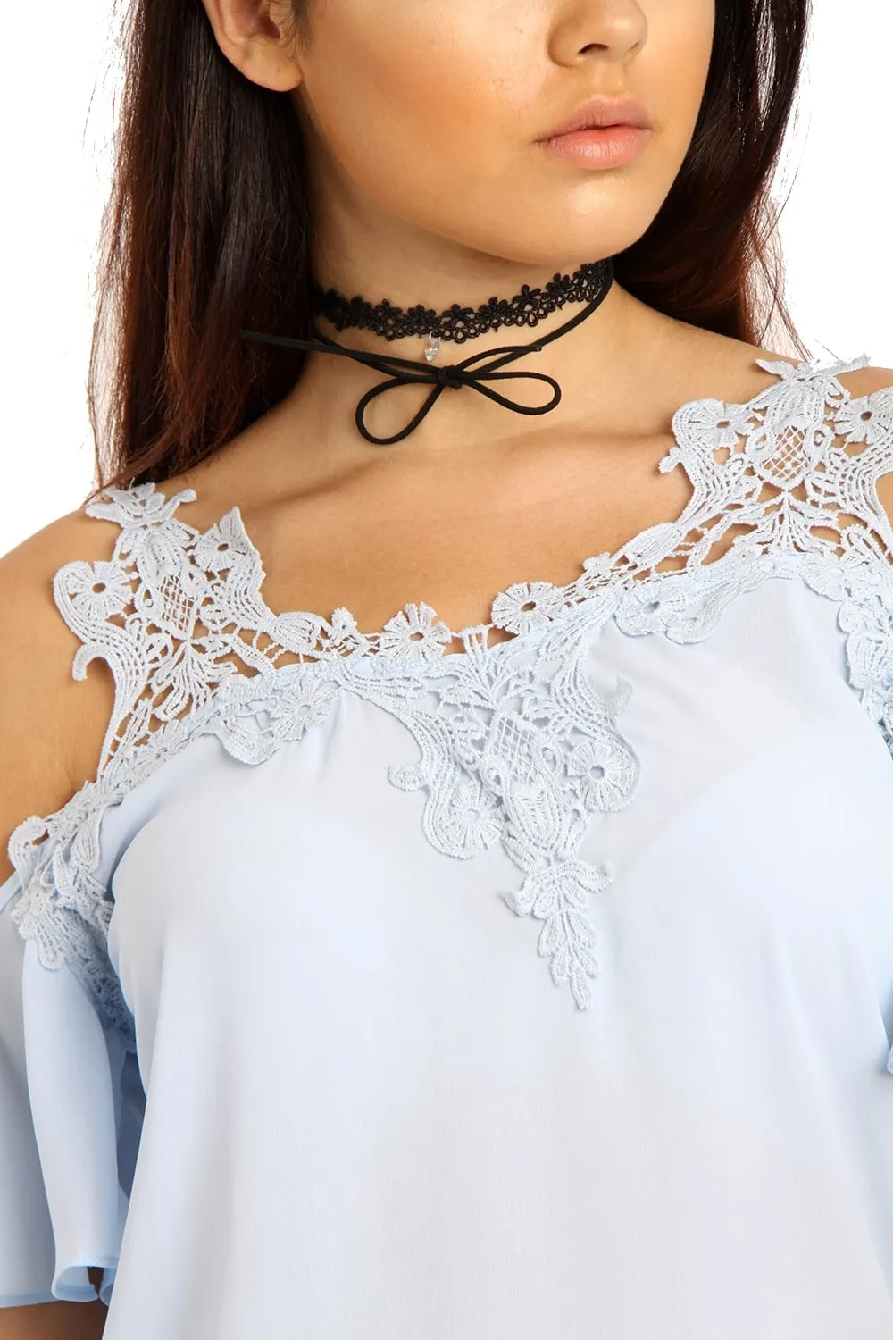 Cold Shoulder Frill Lace Applique Blouse Top