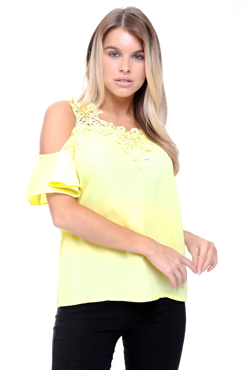 Cold Shoulder Frill Lace Applique Blouse Top