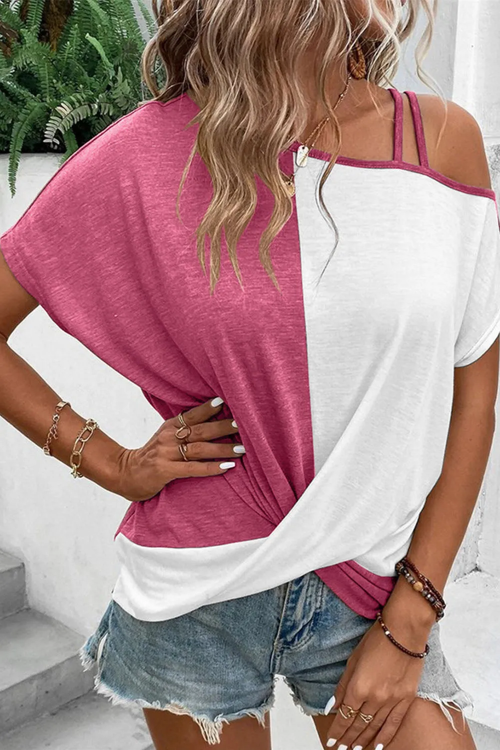 Colorblock Asymmetrical Cold Shoulder Top