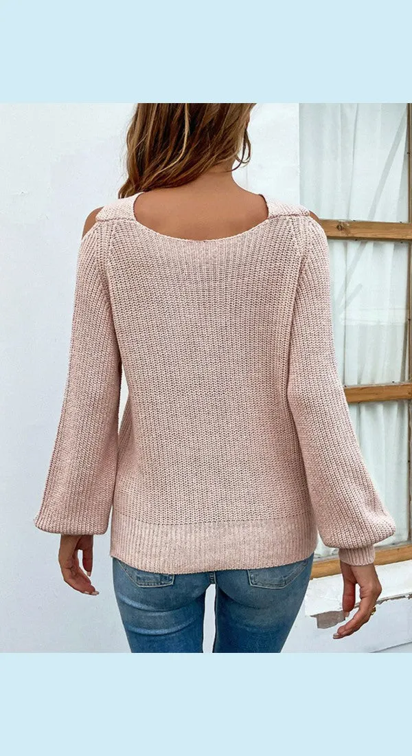 Crisscross Cold-Shoulder Rib-Knit Sweater