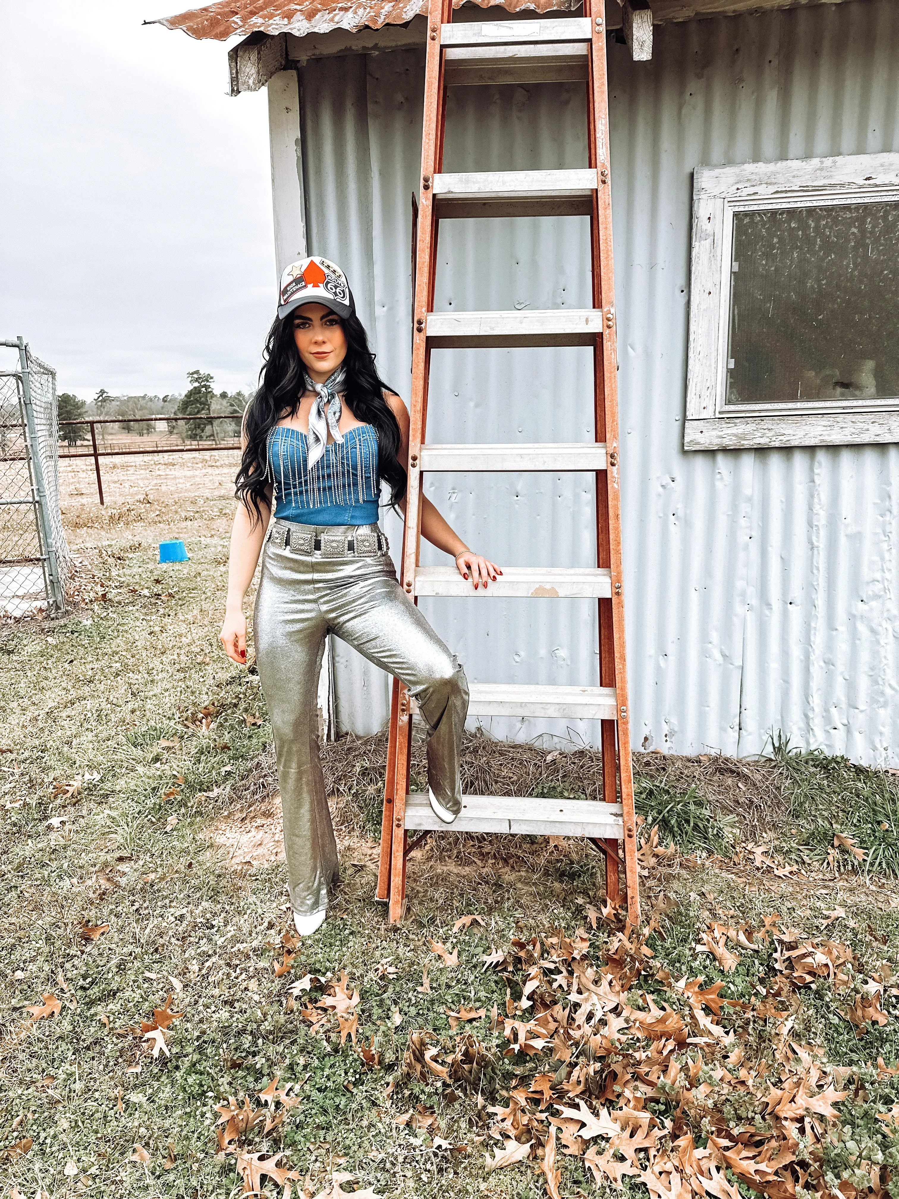 Denim rhinestone fringe bodysuit