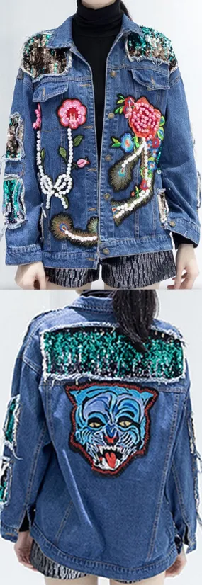 Embellished Distressed Denim Jacket