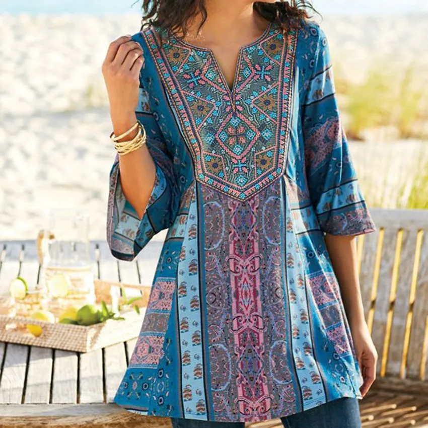 Fashion casual V-neck printed bohemian top