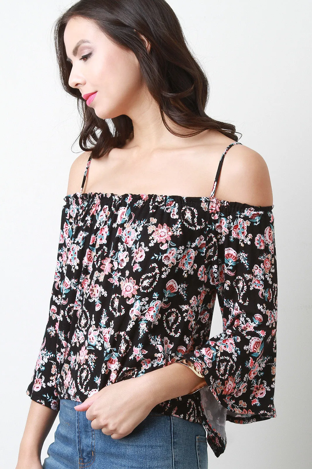 Floral Cold Shoulder Bell Sleeves Top