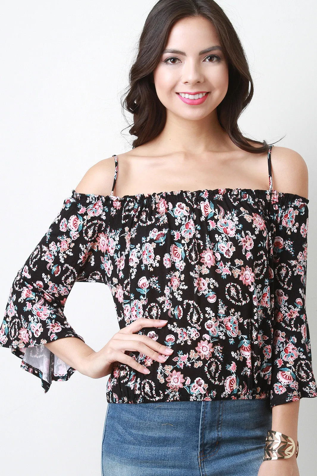 Floral Cold Shoulder Bell Sleeves Top