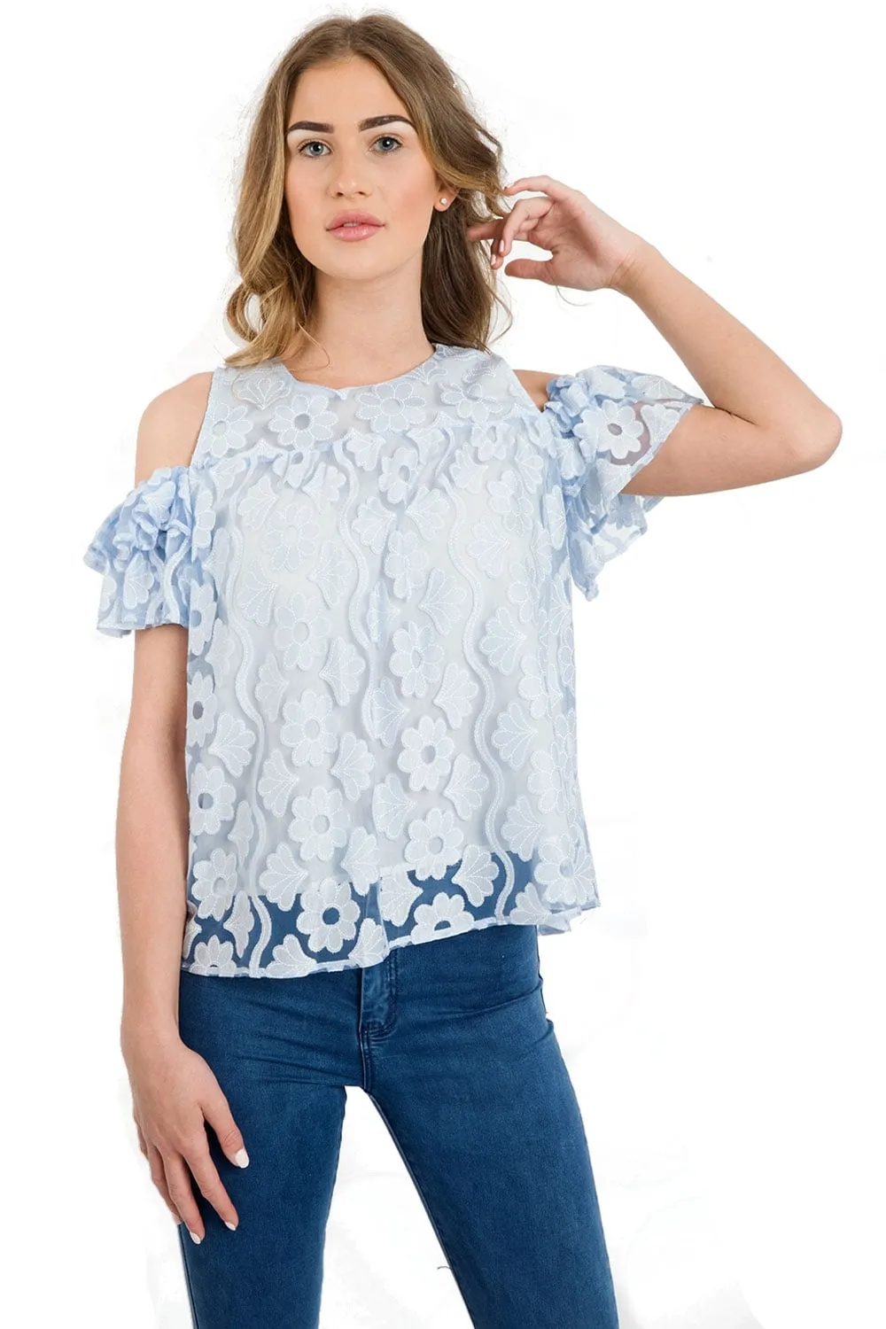 Floral Lace Floaty Ruffle Sleeve Top