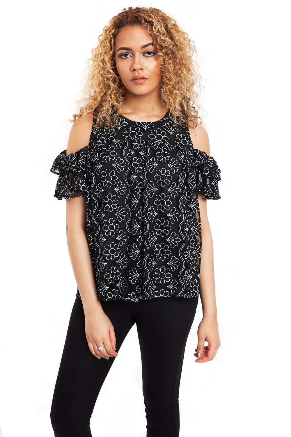 Floral Lace Floaty Ruffle Sleeve Top