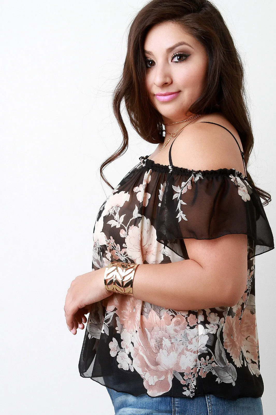 Floral Printed Chiffon Cold Shoulder Top