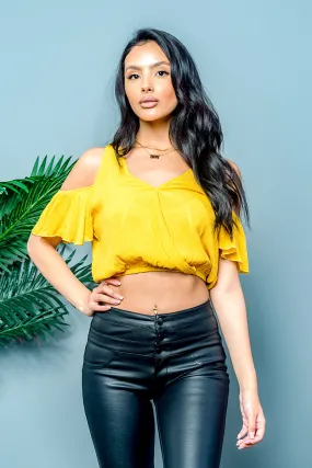 Flounce Sleeve Cold Shoulder V Neck Crop Top (EMT0101SH)