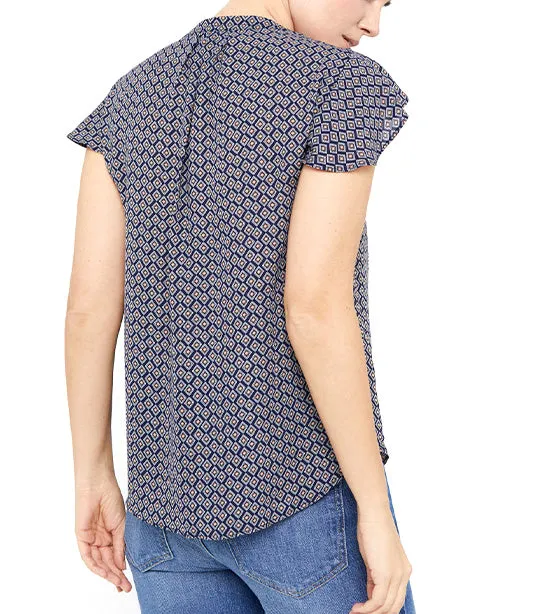 Flounced Sleeveless Blouse Blue Print