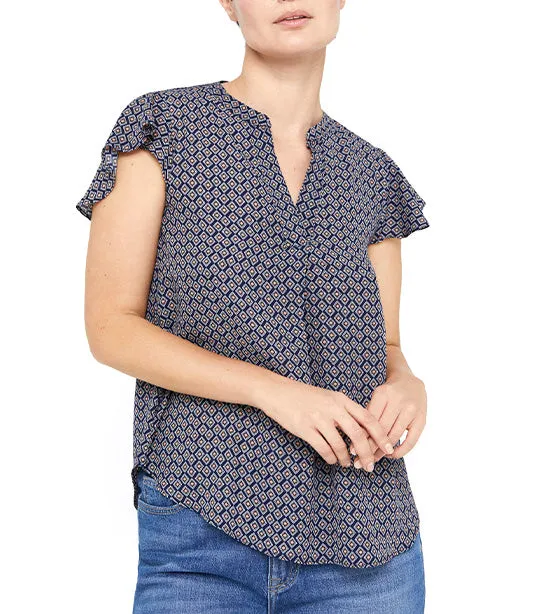 Flounced Sleeveless Blouse Blue Print