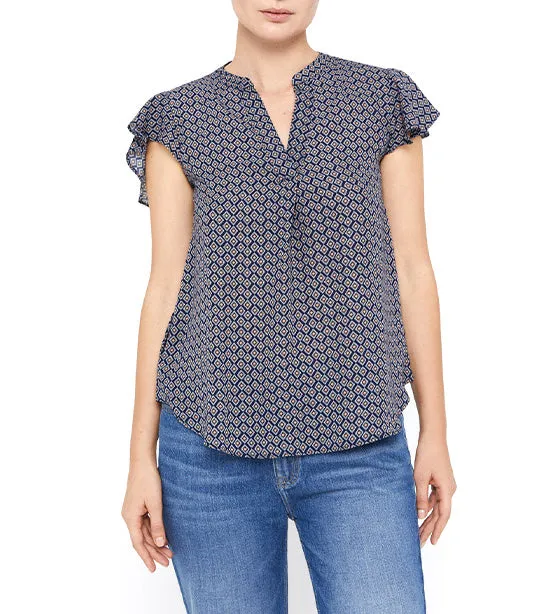 Flounced Sleeveless Blouse Blue Print