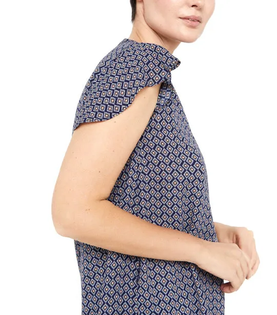 Flounced Sleeveless Blouse Blue Print