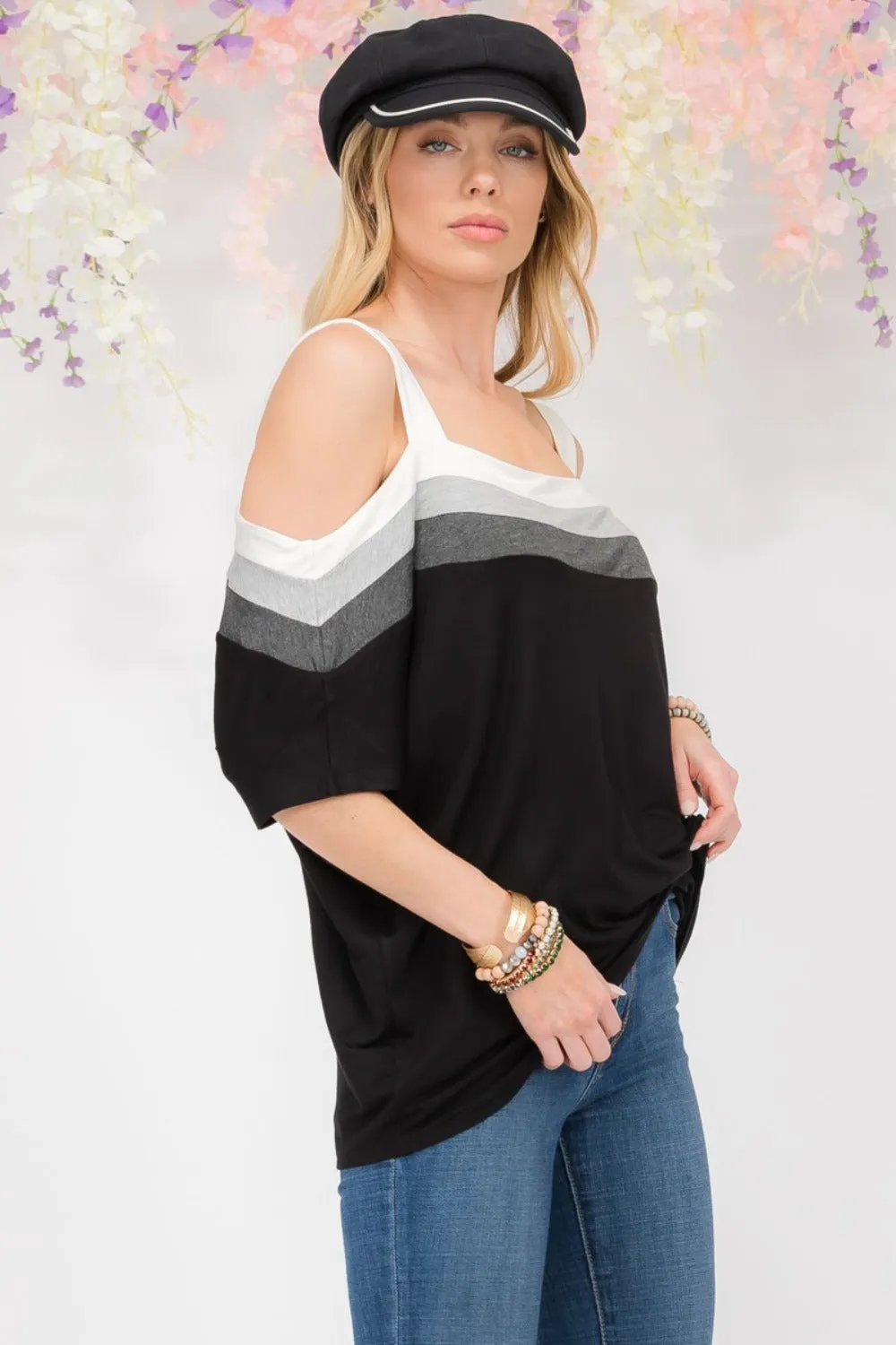 Full Size Striped Cold Shoulder Top