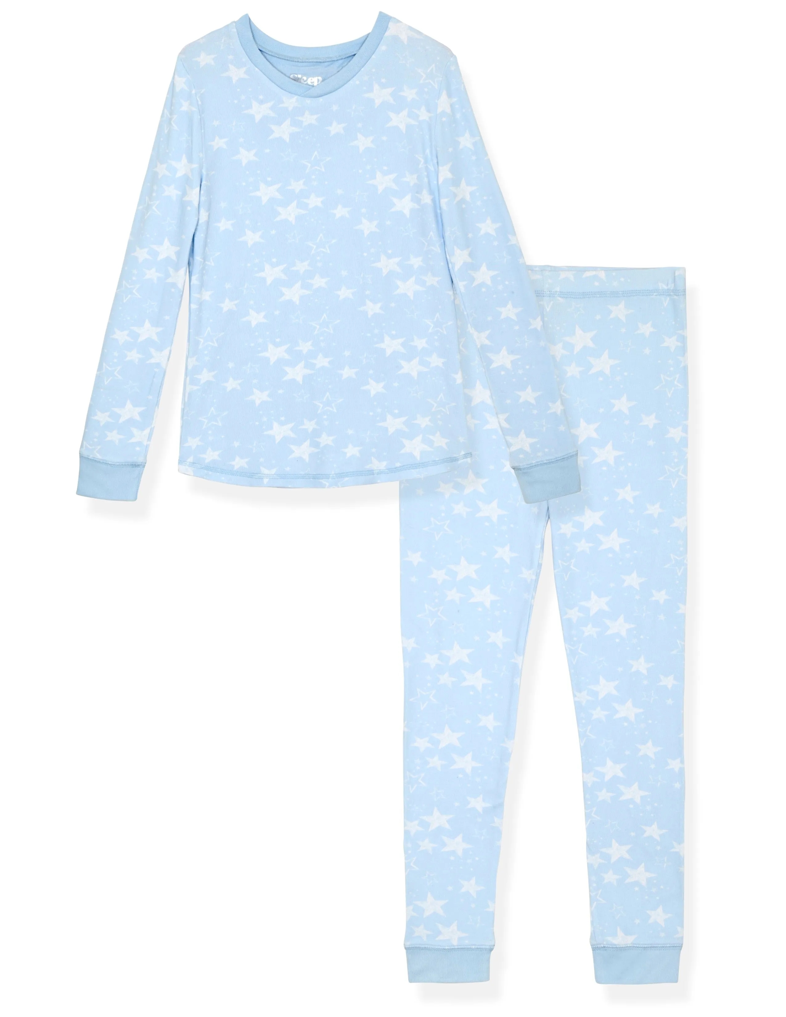 Girls 2-Piece Super Soft Jersey Snug-Fit Pajama Set- Stars, Light Blue Pajama Set for Toddlers and Girls