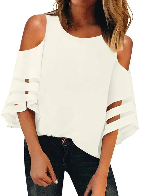 Graceful Cold Shoulder Flared Sleeves Blouses