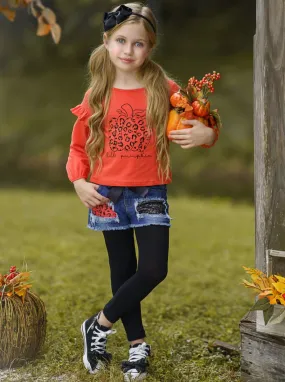 Hello Pumpkin Top, Patched Denim Shorts and Legging Set